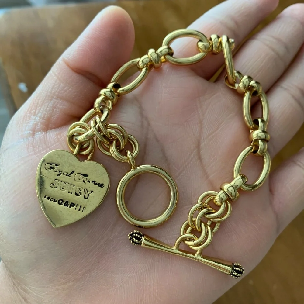 Gold Juicy Couture Bracelet Heart Logo Heart Tag Toggle Clasp Jewelry 7.5” EUC - Picture 3 of 10